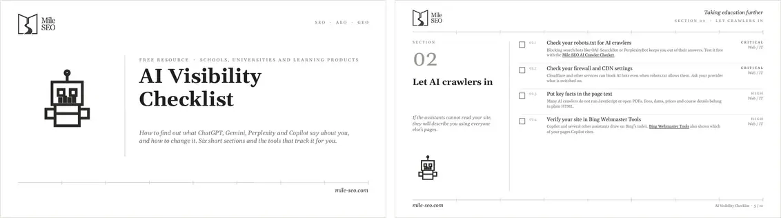 Cover and a sample page of the AI Visibility Checklist by Mile SEO.