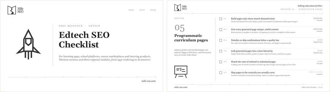Cover and a sample page of the Edtech SEO Checklist by Mile SEO.