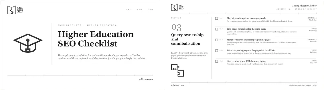 Cover and a sample page of the Higher Education SEO Checklist by Mile SEO.