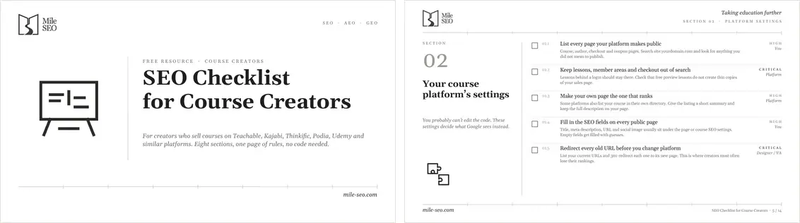 Cover and a sample page of the SEO Checklist for Course Creators by Mile SEO.