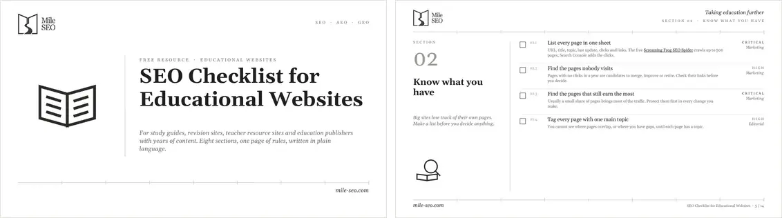 Cover and a sample page of the SEO Checklist for Educational Websites by Mile SEO.