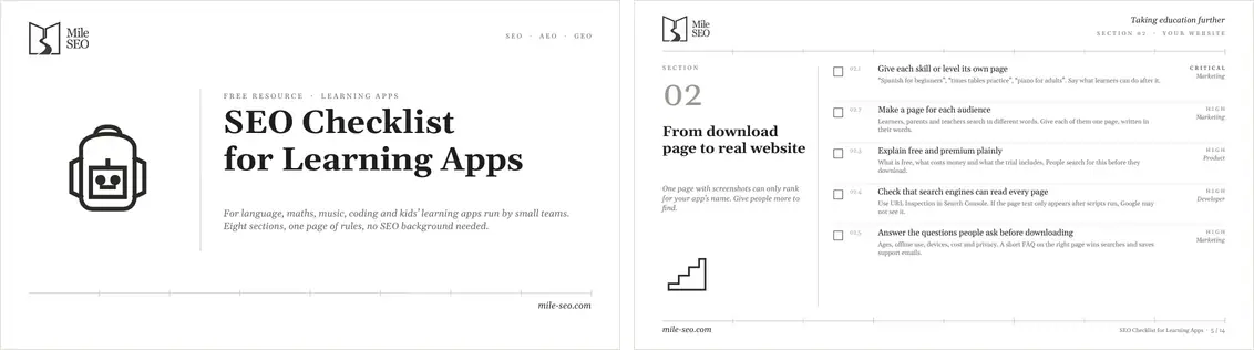 Cover and a sample page of the SEO Checklist for Learning Apps by Mile SEO.