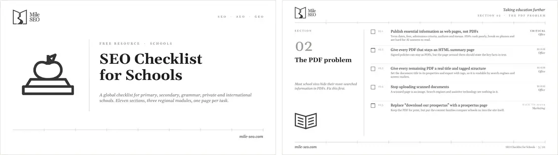 Cover and a sample page of the SEO Checklist for Schools by Mile SEO.